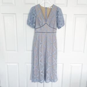 NSR Lace Puff Sleeve Midi Dress Blue Nude Illusion Romantic Cottagecore